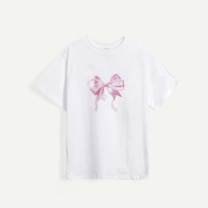 [RONRON] DOUBLE RIBBON BASIC FIT T SHIRT WHITE PINK