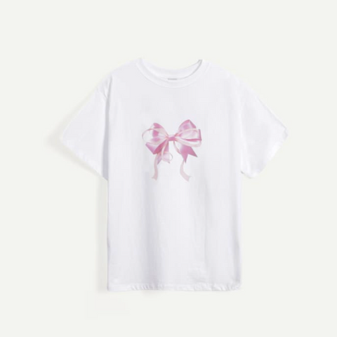 [RONRON] DOUBLE RIBBON BASIC FIT T SHIRT WHITE PINK