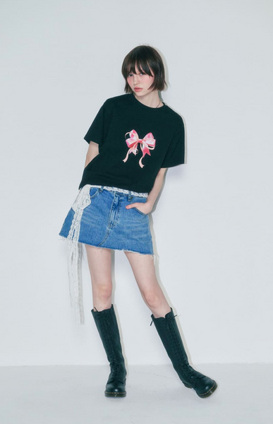 [RONRON] DOUBLE RIBBON BASIC FIT T SHIRT BLACK PINK