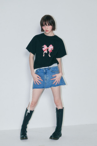 [RONRON] DOUBLE RIBBON BASIC FIT T SHIRT BLACK PINK