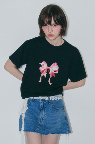 [RONRON] DOUBLE RIBBON BASIC FIT T SHIRT BLACK PINK