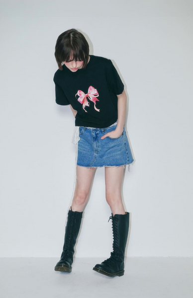 [RONRON] DOUBLE RIBBON BASIC FIT T SHIRT BLACK PINK