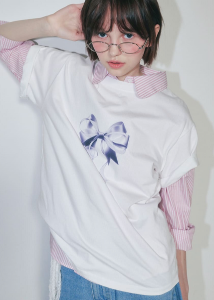 [RONRON] DOUBLE RIBBON BASIC FIT T SHIRT WHITE SILVER