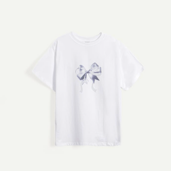 [RONRON] DOUBLE RIBBON BASIC FIT T SHIRT WHITE SILVER