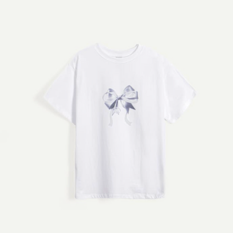 [RONRON] DOUBLE RIBBON BASIC FIT T SHIRT WHITE SILVER