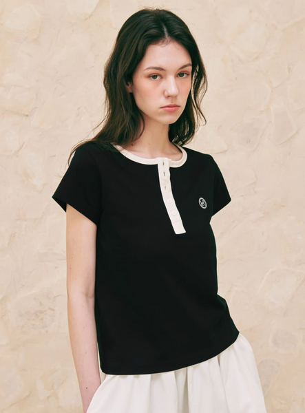 [RONRON] HENRYNECK HALF T SHIRT BLACK IVORY