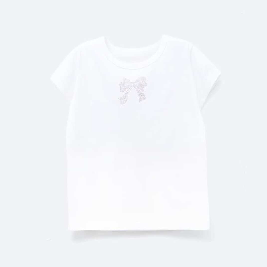 [RONRON] CRYSTAL RIBBON HOTFIX T SHIRT WHITE