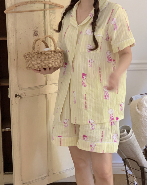 [little sloth] Palette Snoopy Cotton Pyjama Short Sleeve Set