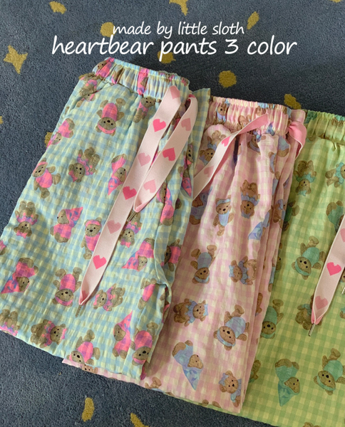 [little sloth] Heart Bear Checkered Pants