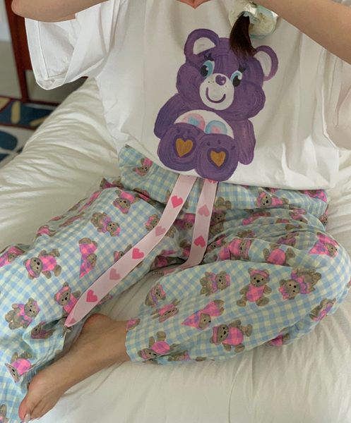 [little sloth] Heart Bear Checkered Pants