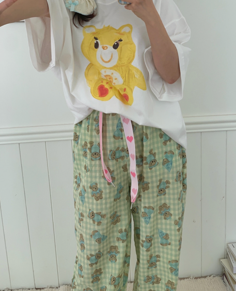 [little sloth] Heart Bear Checkered Pants