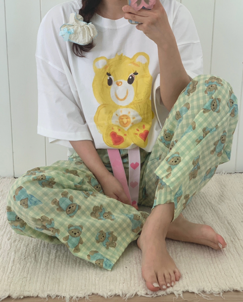 [little sloth] Heart Bear Checkered Pants