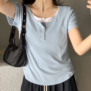 [98°C] Layered Snap Button Short Sleeve T-shirt