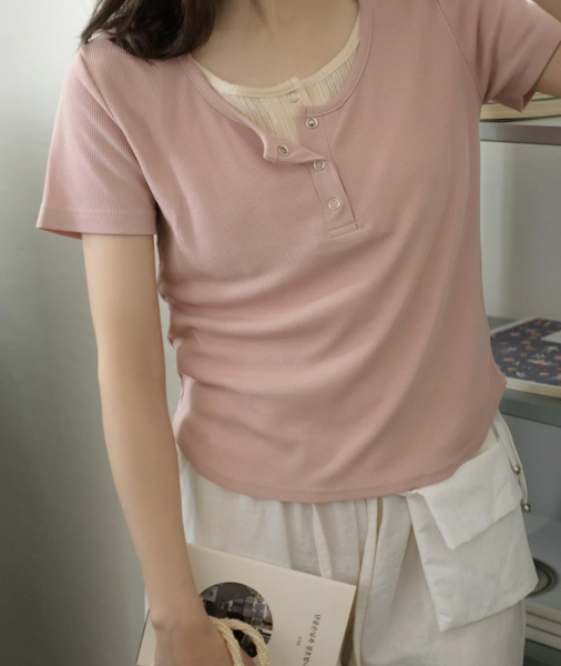 [98°C] Layered Snap Button Short Sleeve T-shirt