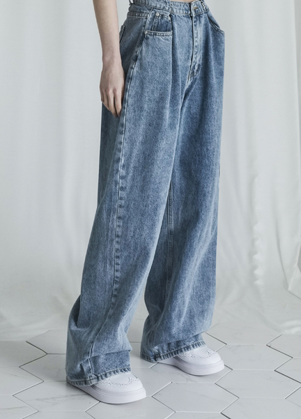 [Avandress] BUCKLE WIDE DENIM PANTS STONE BLUE