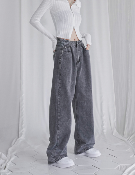 [Avandress] BUCKLE WIDE DENIM PANTS GREY