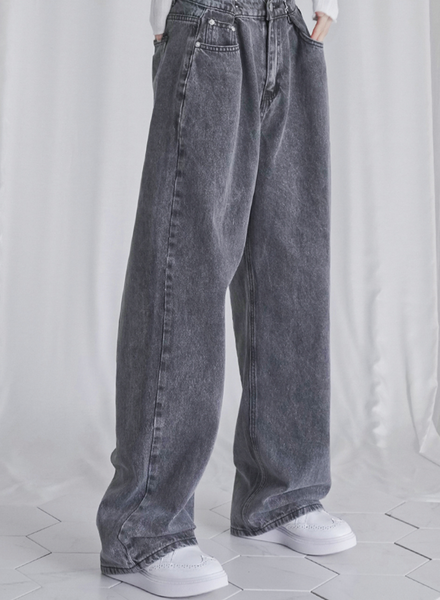 [Avandress] BUCKLE WIDE DENIM PANTS GREY