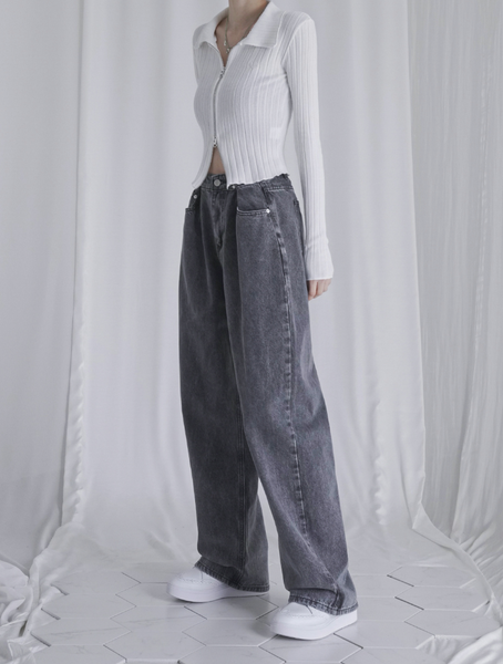 [Avandress] BUCKLE WIDE DENIM PANTS GREY