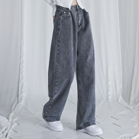 [Avandress] BUCKLE WIDE DENIM PANTS GREY