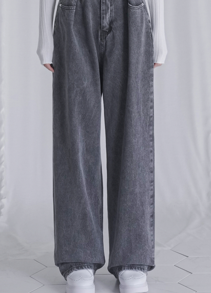 [Avandress] BUCKLE WIDE DENIM PANTS GREY