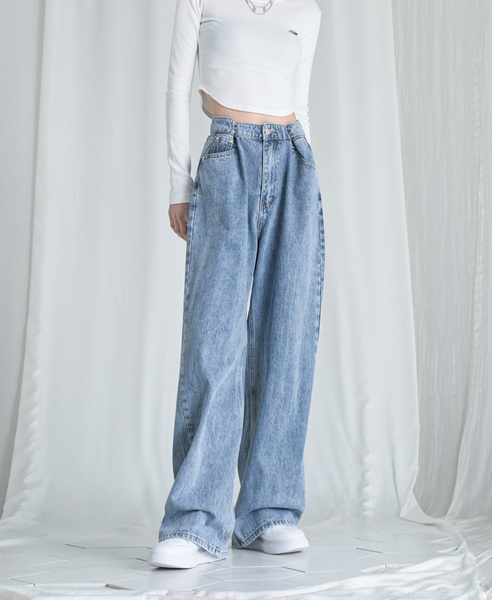 [Avandress] BUCKLE WIDE DENIM PANTS STONE LIGHTBLUE