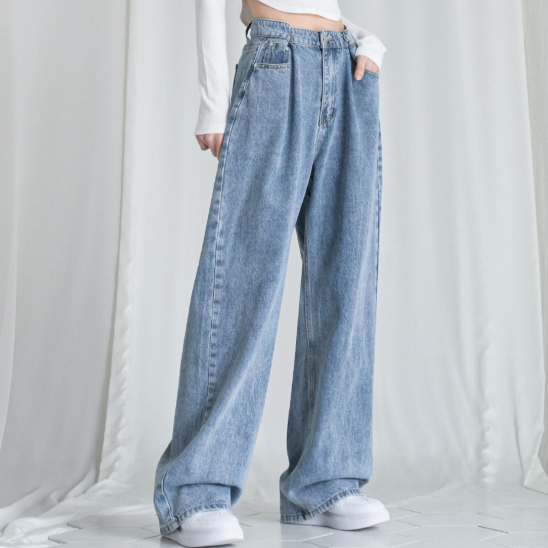 [Avandress] BUCKLE WIDE DENIM PANTS STONE LIGHTBLUE