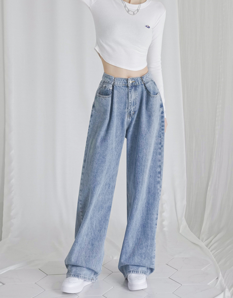 [Avandress] BUCKLE WIDE DENIM PANTS STONE LIGHTBLUE