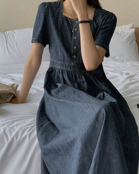 [FROM HEAD TO TOE] *Love from* Square Denim Short-Sleeved Long Dress