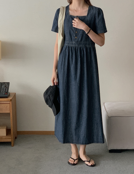 [FROM HEAD TO TOE] *Love from* Square Denim Short-Sleeved Long Dress