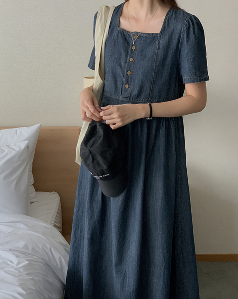 [FROM HEAD TO TOE] *Love from* Square Denim Short-Sleeved Long Dress