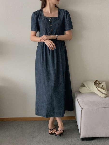 [FROM HEAD TO TOE] *Love from* Square Denim Short-Sleeved Long Dress