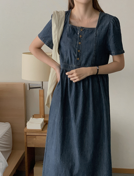 [FROM HEAD TO TOE] *Love from* Square Denim Short-Sleeved Long Dress