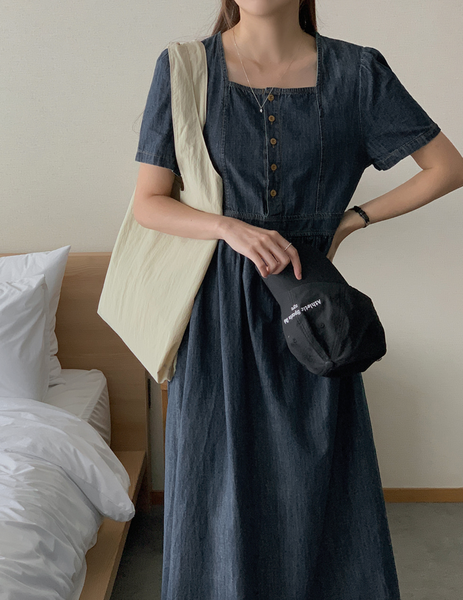 [FROM HEAD TO TOE] *Love from* Square Denim Short-Sleeved Long Dress