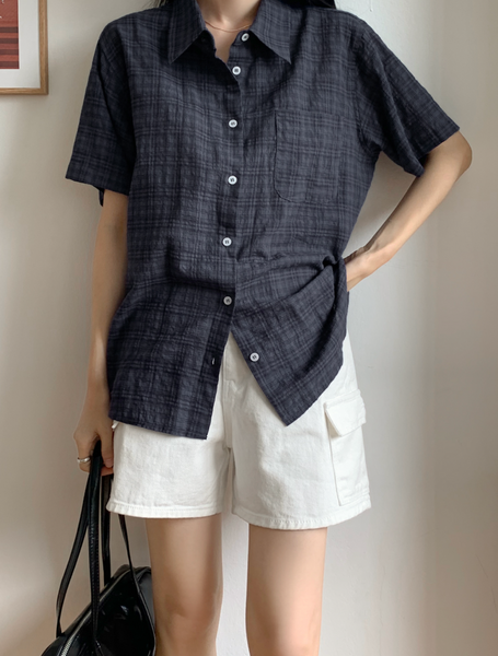 [98°C] Winnie Checkered Loose Fit Short-Sleeved Shirt