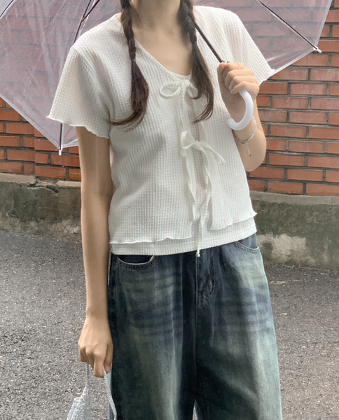 [98°C] Wave Short-sleeved Cardigan + Sleeveless Set