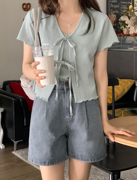 [98°C] Wave Short-sleeved Cardigan + Sleeveless Set