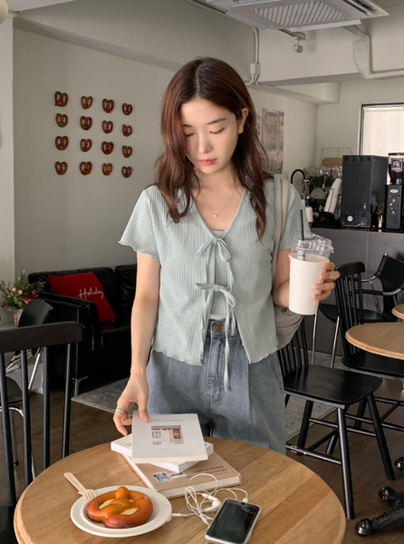 [98°C] Wave Short-sleeved Cardigan + Sleeveless Set