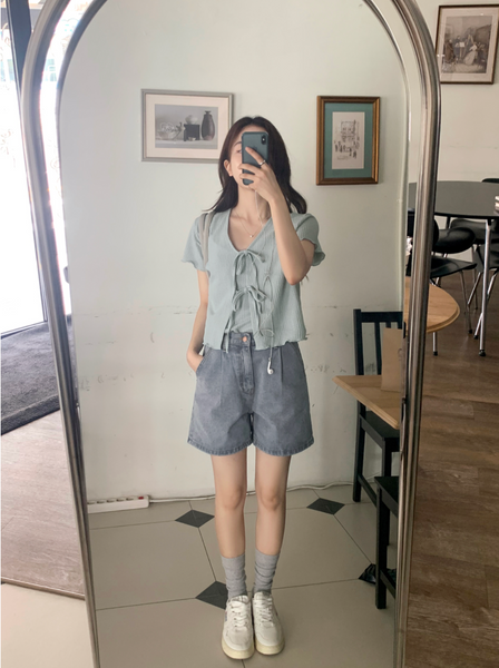 [98°C] Wave Short-sleeved Cardigan + Sleeveless Set