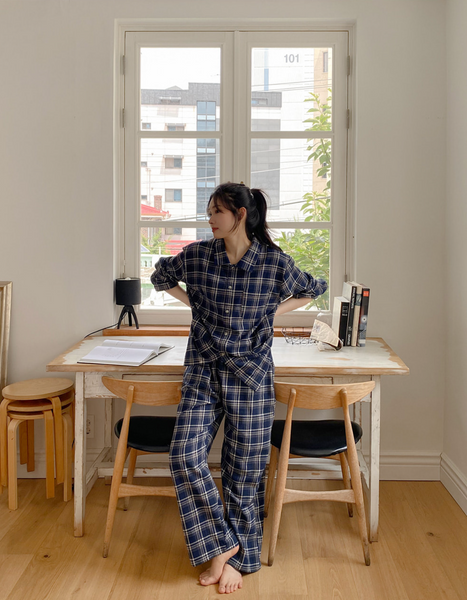 [Juuneedu] Bread Tartan Check Couple Pyjamas Set