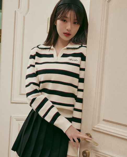 [rola rola] V NECK COLLAR STRIPE KNIT PULLOVER IVORY