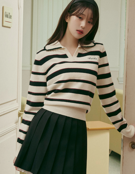 [rola rola] V NECK COLLAR STRIPE KNIT PULLOVER IVORY