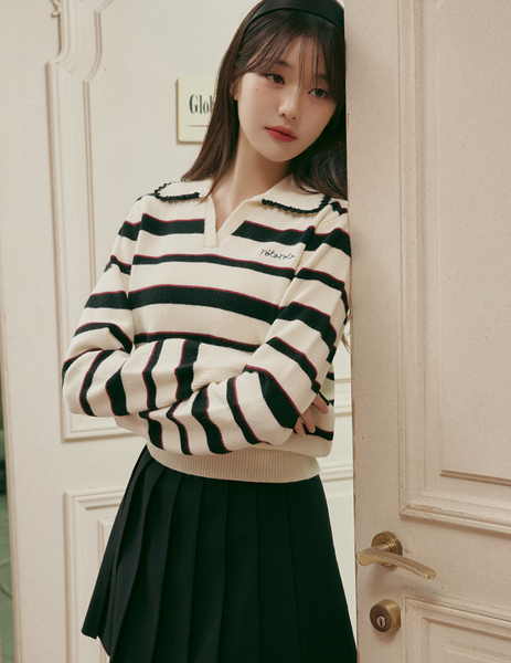 [rola rola] V NECK COLLAR STRIPE KNIT PULLOVER IVORY