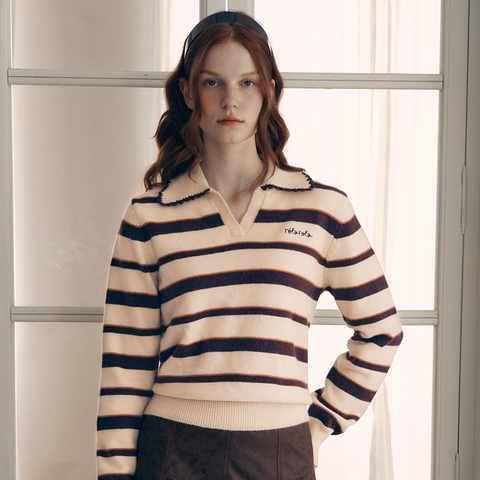 [rola rola] V NECK COLLAR STRIPE KNIT PULLOVER BEIGE