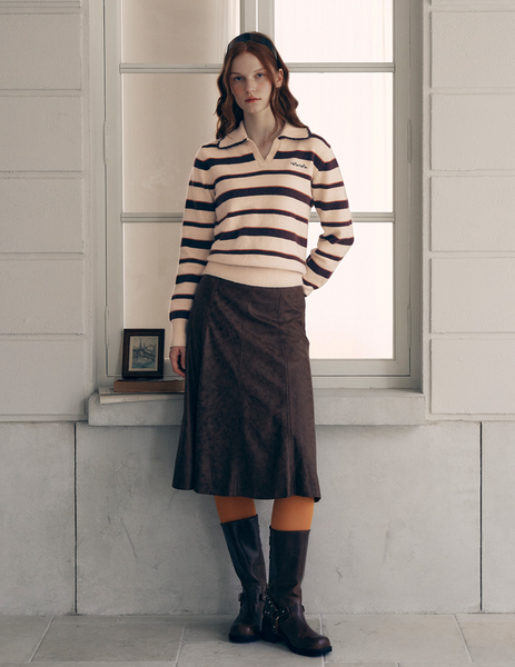 [rola rola] V NECK COLLAR STRIPE KNIT PULLOVER BEIGE