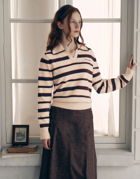 [rola rola] V NECK COLLAR STRIPE KNIT PULLOVER BEIGE