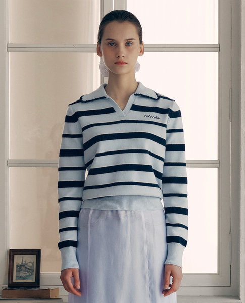 [rola rola] V NECK COLLAR STRIPE KNIT PULLOVER BLUE