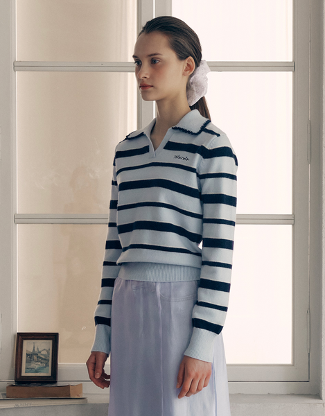 [rola rola] V NECK COLLAR STRIPE KNIT PULLOVER BLUE