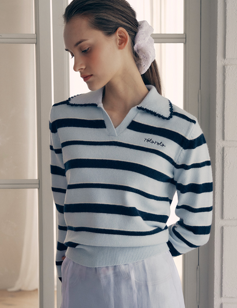 [rola rola] V NECK COLLAR STRIPE KNIT PULLOVER BLUE