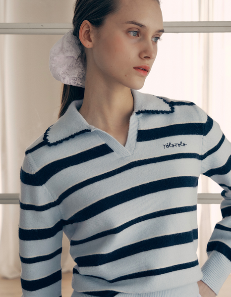 [rola rola] V NECK COLLAR STRIPE KNIT PULLOVER BLUE