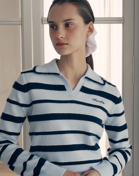 [rola rola] V NECK COLLAR STRIPE KNIT PULLOVER BLUE